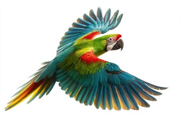 Obraz premium Colorful parrot in mid-flight isolated on a pure white background