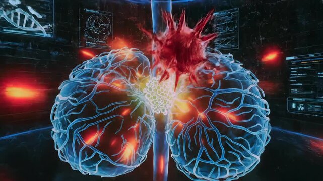 digital brain model under viral attack. Neuroscientist observes DNA fragments and inflammatory hotspots, red lesions emerge within cortex, synaptic disruption, hightech monitoring