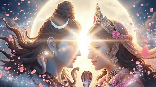 Shiva maha shivaratri divine union motion of shiva parvati with moon aura expressing love devotion and spiritual harmony for hindu festival visuals