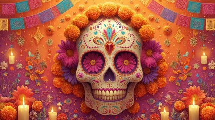 Obraz premium Colorful sugar skull illustration with ornate patterns and festive backdrop