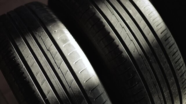 Closeup rotation of sunlit summer car tire showcasing tread details and shadow movement.
