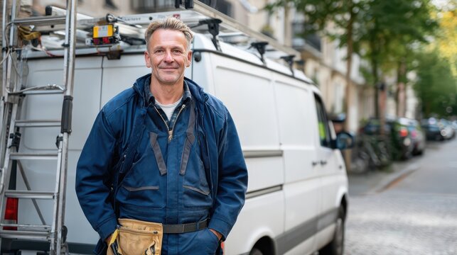 Confident tradesman in durable workwear posing by a plain service van on a sunlit street