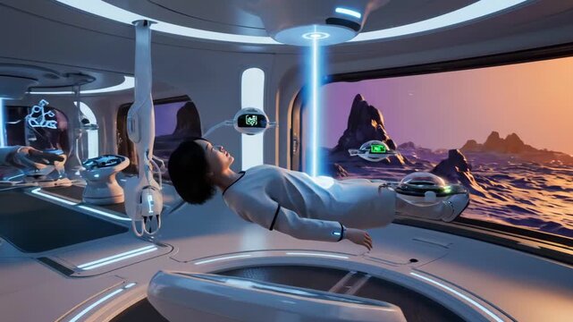 astronaut lies in stasis chamber as blue revival beam activates, sleek medpod interior with panoramic alien landscape beyond window, clinical lighting and suspended therapy modules, tense