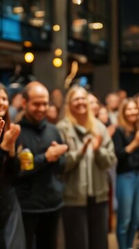A lively crowd applauding during a vibrant event, filled with excitement and appreciation for outstanding performances and engaging presentations in a warm atmosphere.