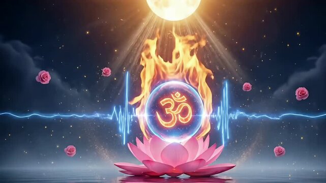 Shiva maha shivaratri spiritual motion of glowing om rising from lotus with fire energy moon aura for meditation worship festival visual content