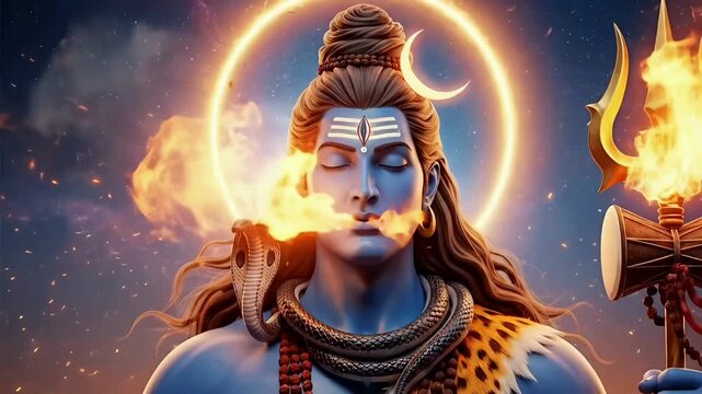 Shiva maha shivaratri intense fire motion with divine energy showing spiritual power devotion faith sacred festival atmosphere for worship visuals