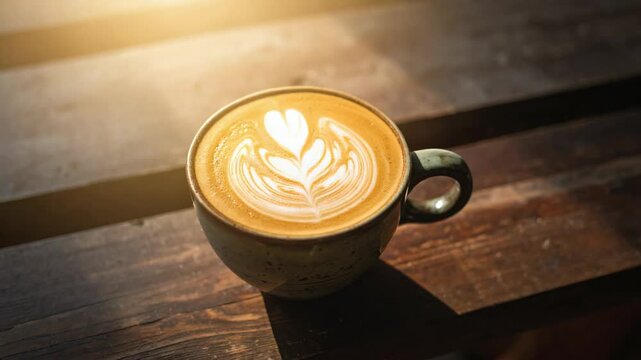 Warm latte art in a ceramic cup on rustic wooden table with sunlight