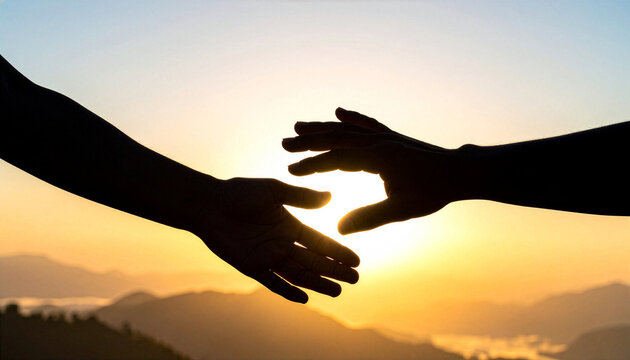 silhouette of two hands reaching or helping each other on sunrise