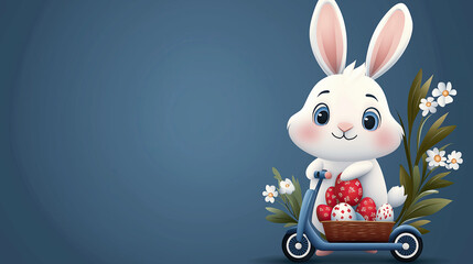 Fototapeta premium Cute Easter bunny riding a scooter with a basket of decorated eggs. Cartoon rabbit character for a spring holiday celebration. Illustration with copy space