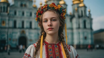 Obraz premium Young woman in traditional costume stands in front of historical church in Ukraine during bright daylight