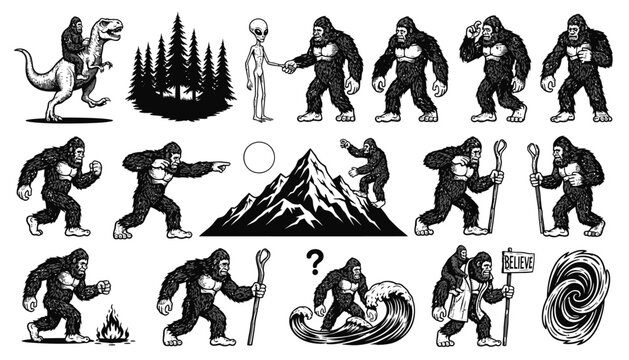 Sasquatch Bigfoot Vector Collection: Retro Monochrome Cryptid Illustrations including Alien Encounter, T-Rex Ride, Mountain Climbing, and Adventure Poses.