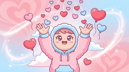 Obraz premium Cute cartoon character in a pink hoodie with arms raised, surrounded by floating hearts and heart balloons in a dreamy pink and blue sky with glowing light trails.