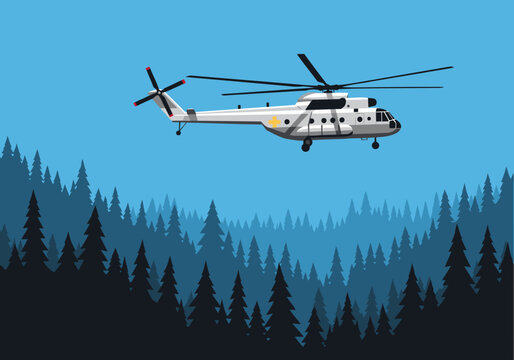 A powerful Mi-8 helicopter flies over a dense forest, conducting surveillance. Dramatic flight path and scenic backdrop. Ideal for nature, rescue, and emergency themes.
