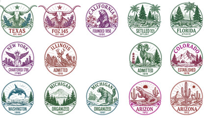 US States Vintage Emblems Set. Engraved American travel badges collection featuring Longhorn, Bear, Alligator, Statue of Liberty, and mountains. Retro vector art. © Graphicnoell