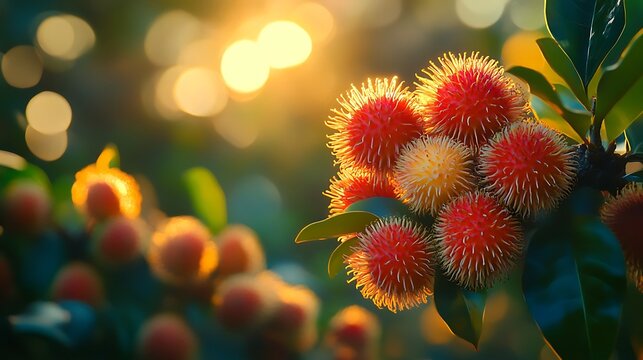 Exotic rambutan fruits glistening under the golden tropical sunset glow