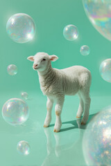 fluffy white lamb standing on a reflective mint green floor surrounded by floating translucent pastel eggs with glitter interiors against a solid smooth mint studio background.