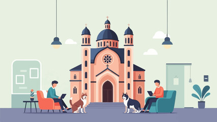 Naklejka na ściany i meble People and dogs at home with a church in the background