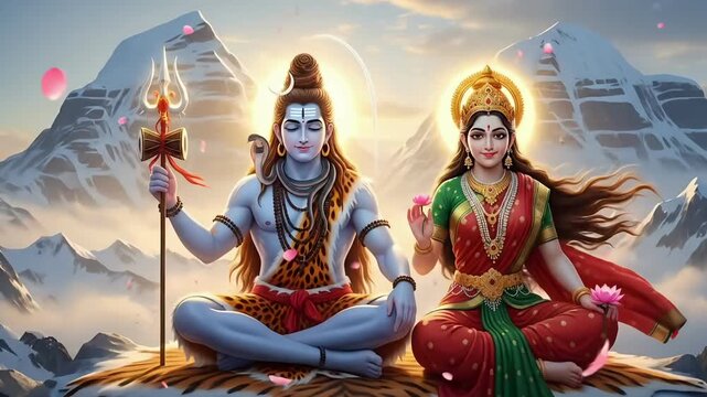 Divine shiva and parvati meditation animation during maha shivaratri in snowy himalayan landscape with spiritual energy and sacred hindu devotion