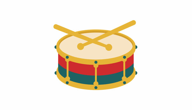 Flat Design Isometric Toy Drum Icon with Crossed Sticks. Marching Snare Musical Instrument Illustration.
