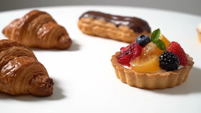 A close-up shot of a delicious assortment of French pastries including croissants, a chocolate eclair, and a colorful fruit tart on a white surface.