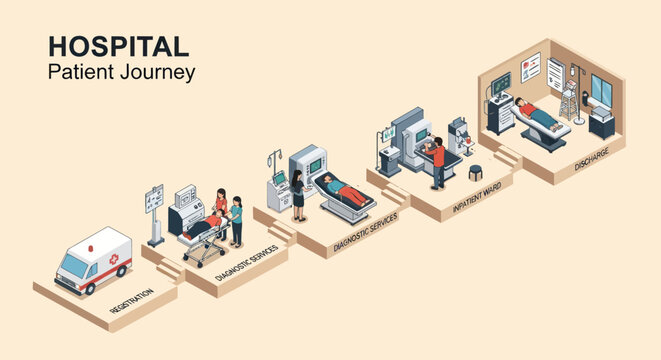 Isometric Hospital Patient Journey Illustration Stages.