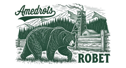 Vintage Woodcut Bear Illustration. Grizzly in Pine Forest, Mountain Landscape with Retro Mining Rig, Wilderness and Exploration Emblem.