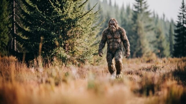 Mysterious Bigfoot figure walking through a quiet forest clearing at golden hour creating a surreal wildlife atmosphere blending folklore imagination wilderness calm and cinematic nature storytelling