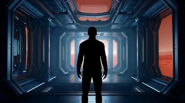 figure stands silhouetted in metal corridor, backlit by warm martian light through viewport, mood of solitude and resolve with industrial panels and structural beams framing dramatic