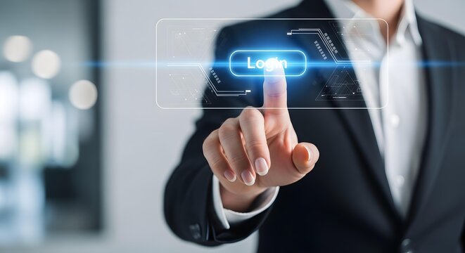 businessman touching glowing digital login button for secure access