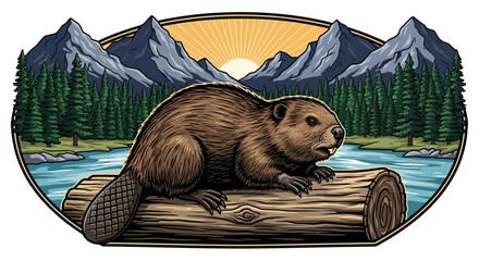 Retro Beaver Mascot Badge Design. Wilderness Wildlife Illustration on Log with Mountains, Forest, and River Landscape.