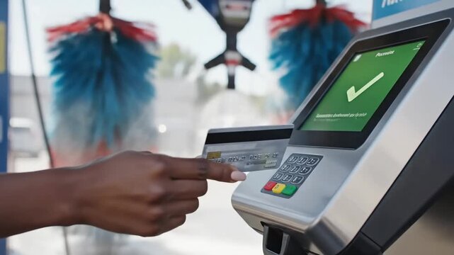 Paying for a car wash with a credit card at an automated payment kiosk contactless technology and convenience in modern automotive services