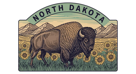 North Dakota Retro Patch: Vintage Bison and Sunflower Field Illustration with Mountains and State Label