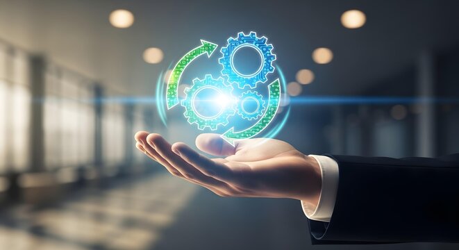 businessman holding glowing digital gear wheels and arrow icon for process optimization concept