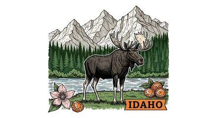Idaho State Wildlife Illustration: Vintage Engraving Moose, Alpine Mountains, Syringa Flower, and River Landscape Vector.