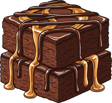 Detailed flat vector illustration of two thick chocolate brownies stacked and drizzled with chocolate and caramel sauce