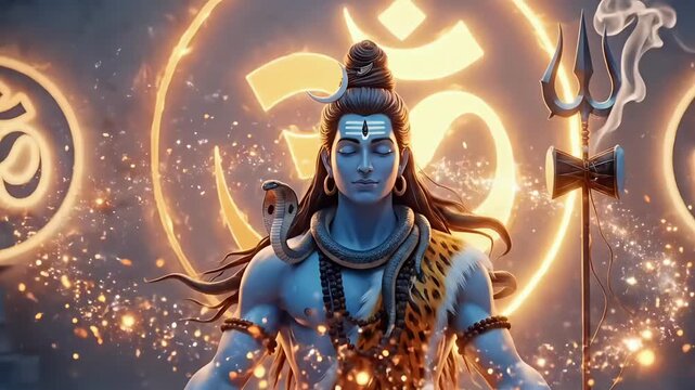 Shiva meditation spiritual motion scene maha shivaratri hindu devotion with glowing om aura trident calm energy sacred culture festival visual background