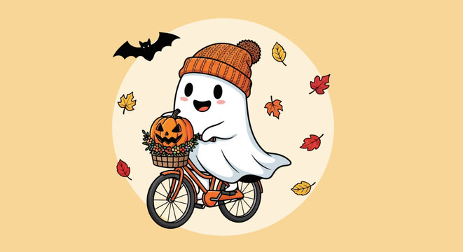 Cute Cartoon Ghost Riding Bicycle with Pumpkin in Autumn. Halloween Character with Beanie Cycling Illustration.