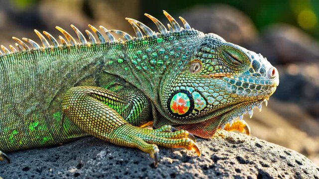 Green iguana rests on a volcanic rock. Vibrant scales and spiky crest detail its reptile skin. Close-up of the lizard in its tropical habitat.
