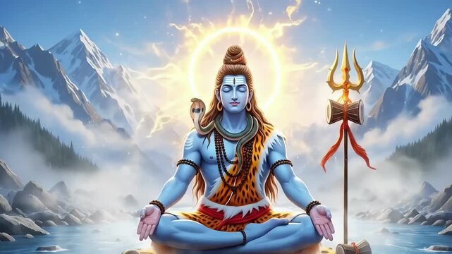 Shiva meditation animation in Himalayan river with trident energy aura spiritual power for Maha Shivaratri devotion worship festival visual background