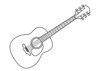 Naklejka premium A detailed line drawing of an acoustic guitar with a classic body shape and six strings on a white background