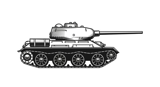 T-34 Tank Vector Illustration. World War II Soviet Military Armored Vehicle Icon in Monochrome Engraving Style, Isolated on White.