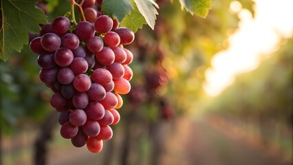 Fototapeta premium Red Grapes Still on the Vine with a Soft Natural Sheen Under Diffused Light, Showcasing Juicy Cluster Texture, Deep Wine Color, and Fresh Harvest Elegance in Lush Organic Detail
