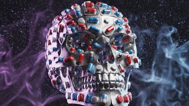 A skull shape composed of pills and blister packs. Background with smoke-like visuals