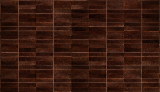 Dark brown rusty tile texture background with horizontal brick pattern and grunge industrial look