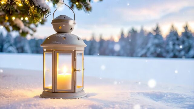Illuminated candle lantern glows warmly in snowy forest landscape at dusk with pine tree lights
