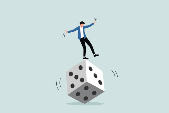 Investment risk, stock traders, gambling, uncertainty, the possibility of losing money or making a profit, the concept of greedy investors who dare to try to balance themselves on an unstable dice.