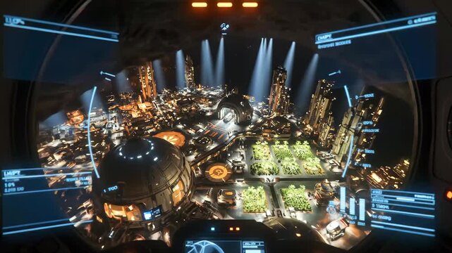 cockpit view revealing secret underground city inside red crater, rugged mountains beyond and HUD overlays tracking descent illuminated metropolis with domes, greenhouses and vertical farms