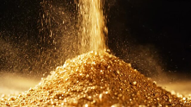A human hand pours sparkling golden dust. The shiny particles accumulate into a shimmering pile on a dark background. Symbol of wealth.
