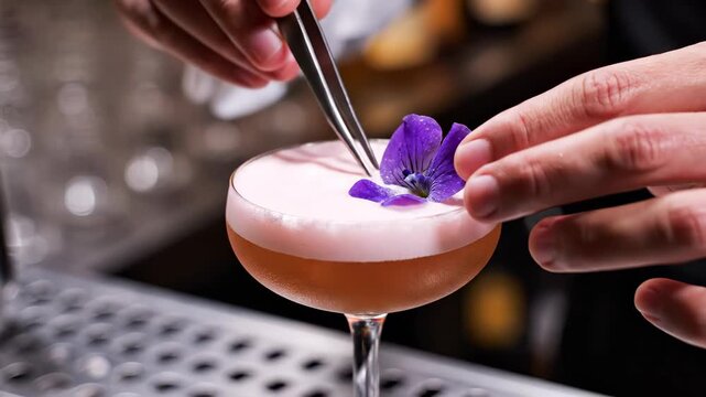 Bartender hands meticulously garnish a craft cocktail with a vibrant purple flower. The elegant drink features frothy pink foam and a rich amber liquid.