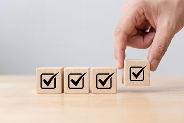 Naklejka premium Hand adds checkmark block to wooden row for task completion success